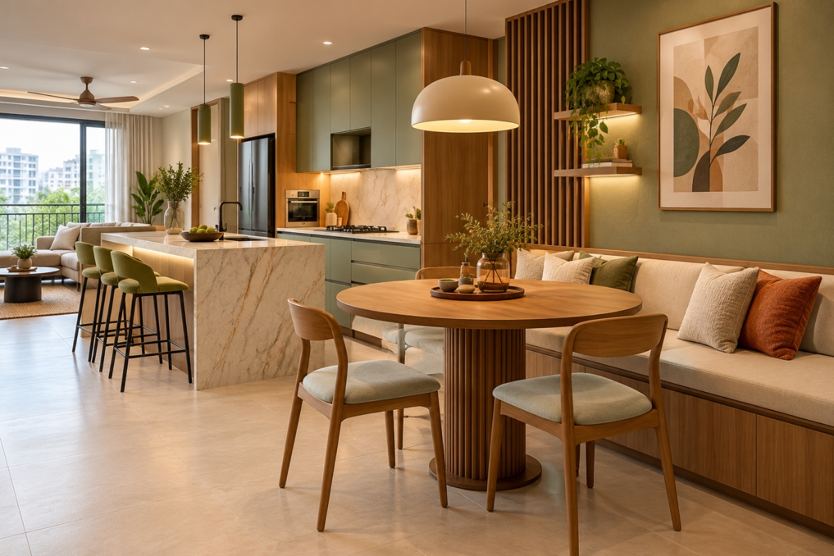 Integrated spaces and space planning with a round table and bench in a compact flat