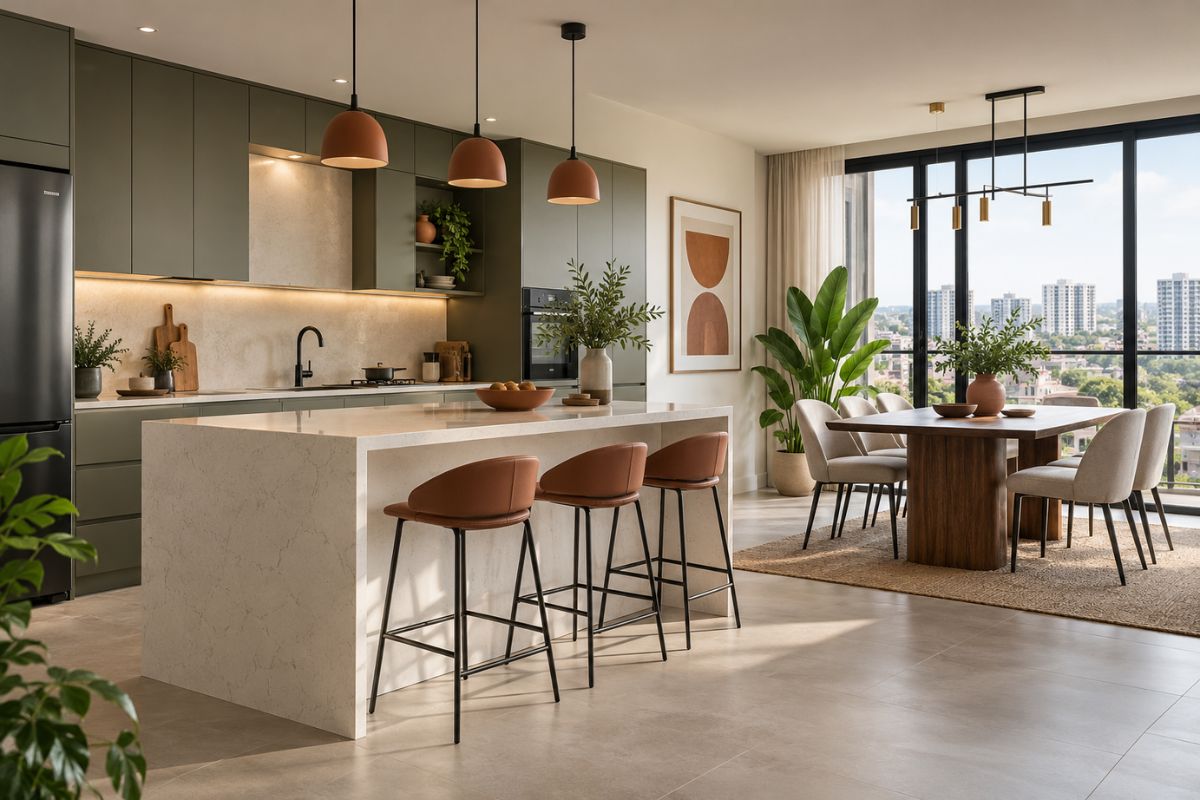 Kitchen dining combo with island overhang seating three people