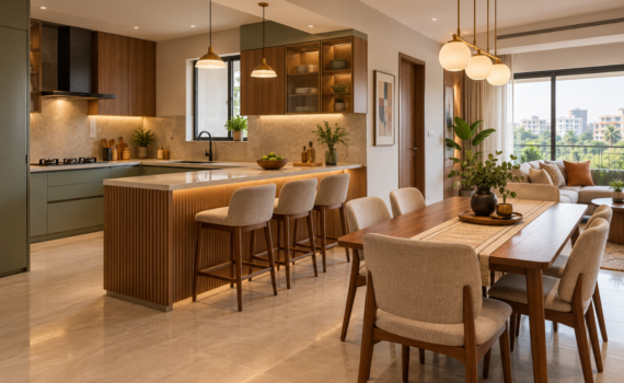 Kitchen dining room furniture in an open plan Bangalore apartment with a peninsula