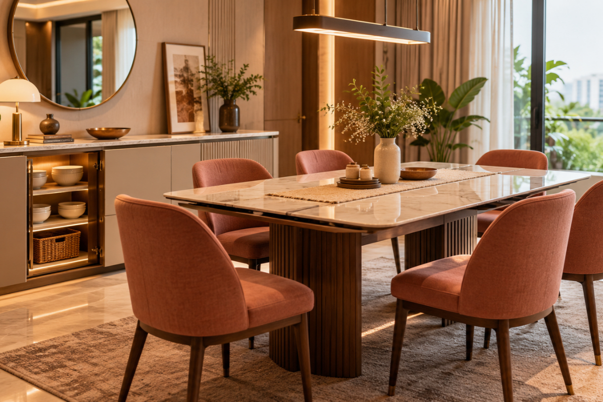 Multi-functional space where the dining table serves as a work surface during the day