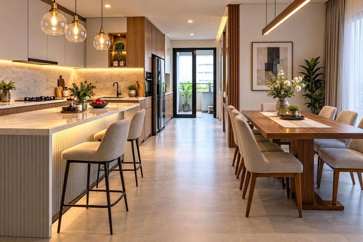 Open plan furniture layout showing 120 cm kitchen work aisle and chair pull-out clearance