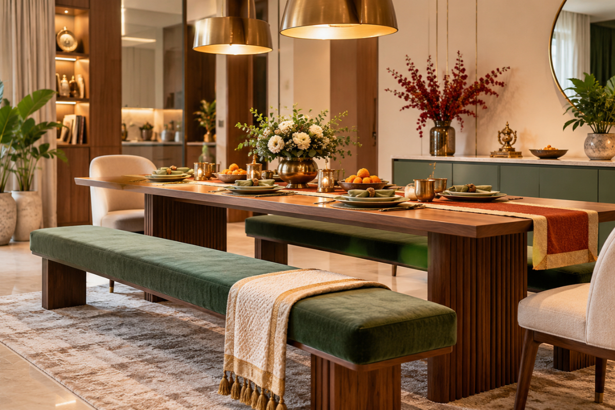 Room transformation for festival seating using benches for flexible dining