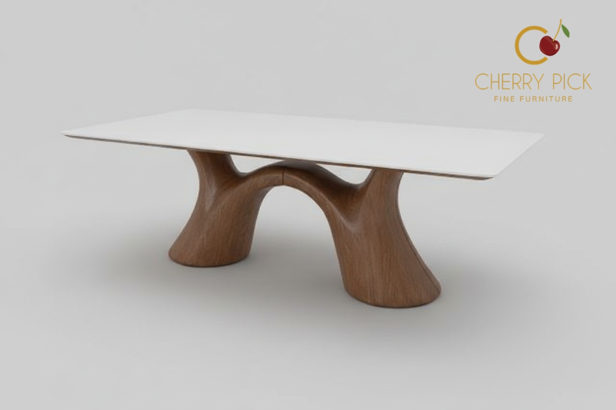Tableware in matte stoneware laid out on a marble dining table