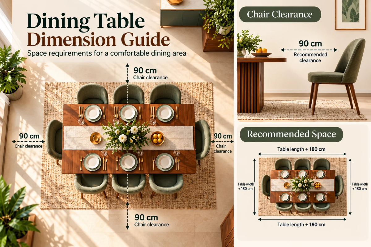 Dimension guide illustrating space requirements and 90 cm chair clearance around a dining table