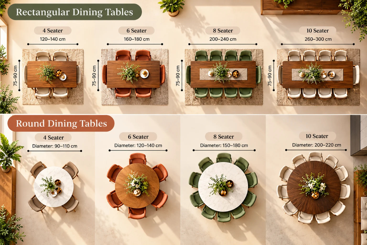 Dining table sizes diagram for rectangular and round tops with measurements
