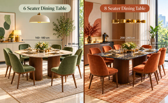 Seater dining table size comparison showing four six and eight seater dimensions