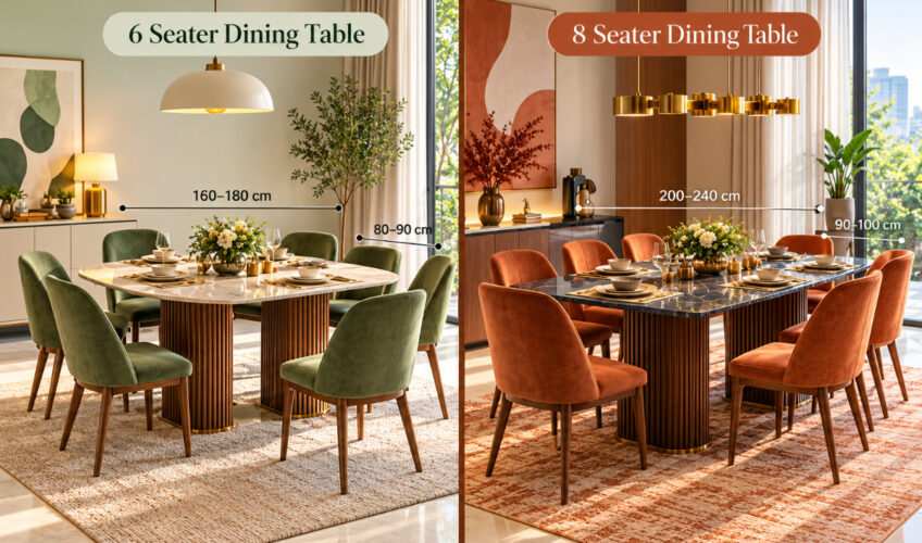 Seater dining table size comparison showing four six and eight seater dimensions