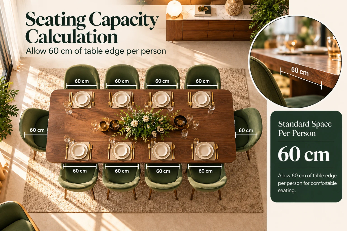 Seating capacity calculation showing 60 cm of table edge allowed per person